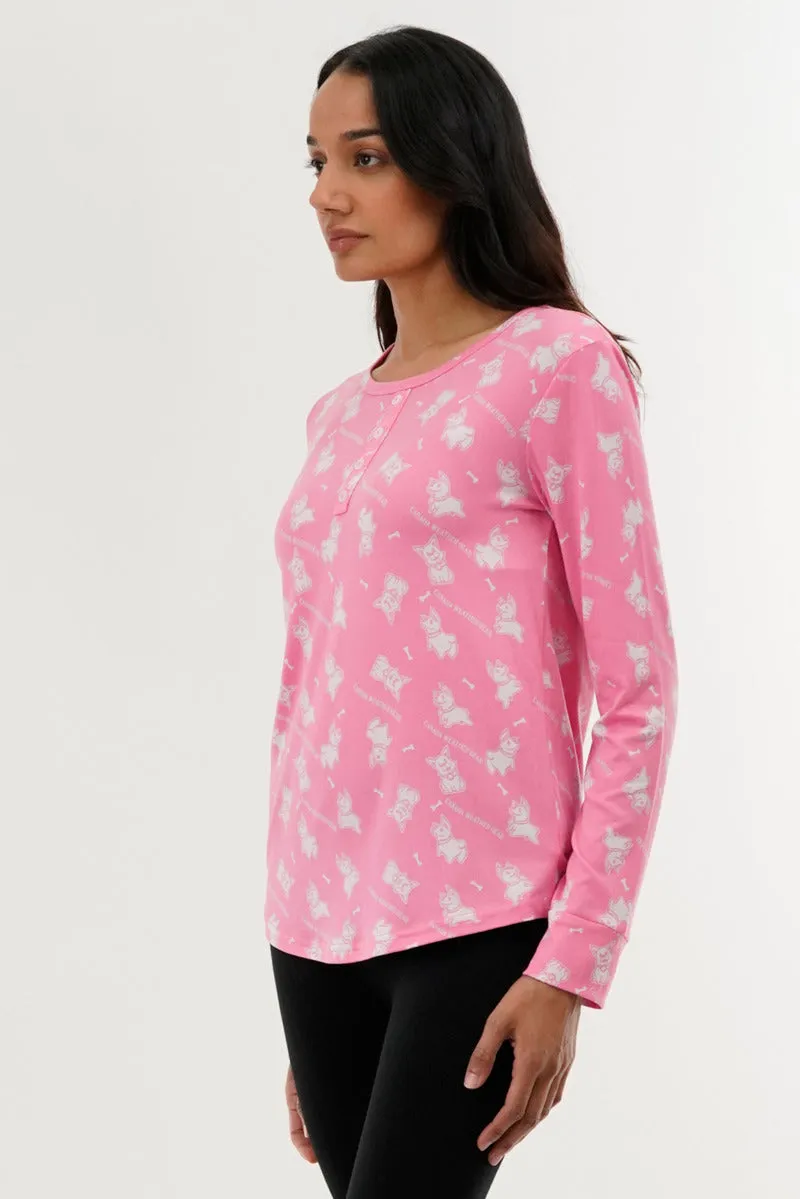 Canada Weather Gear Dog Print Henley Pajama Top - Pink sold by Fairweather product image thumbnail 2