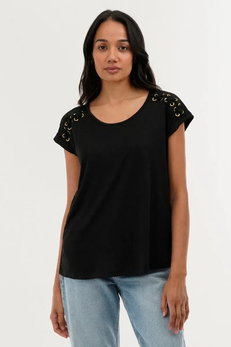 International INC Company Shoulder Lace Up Tee - Black sold by Fairweather