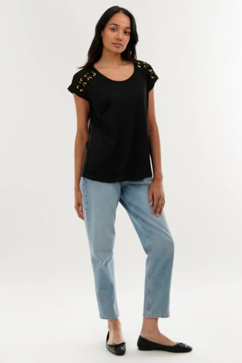 International INC Company Shoulder Lace Up Tee - Black sold by Fairweather product image thumbnail 5