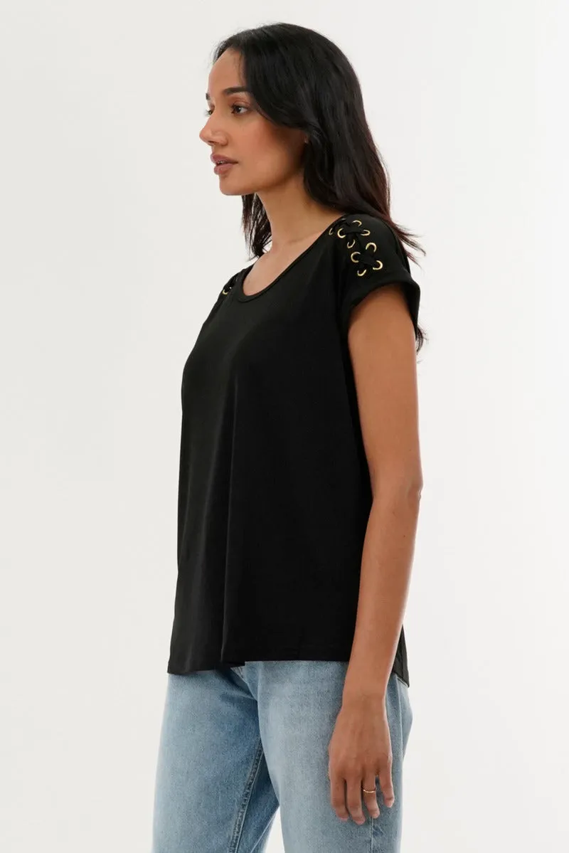 International INC Company Shoulder Lace Up Tee - Black sold by Fairweather product image thumbnail 2