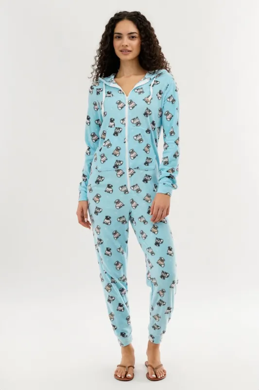 Canada Weather Gear Pug Print Fleece Onesie - Aqua sold by Fairweather