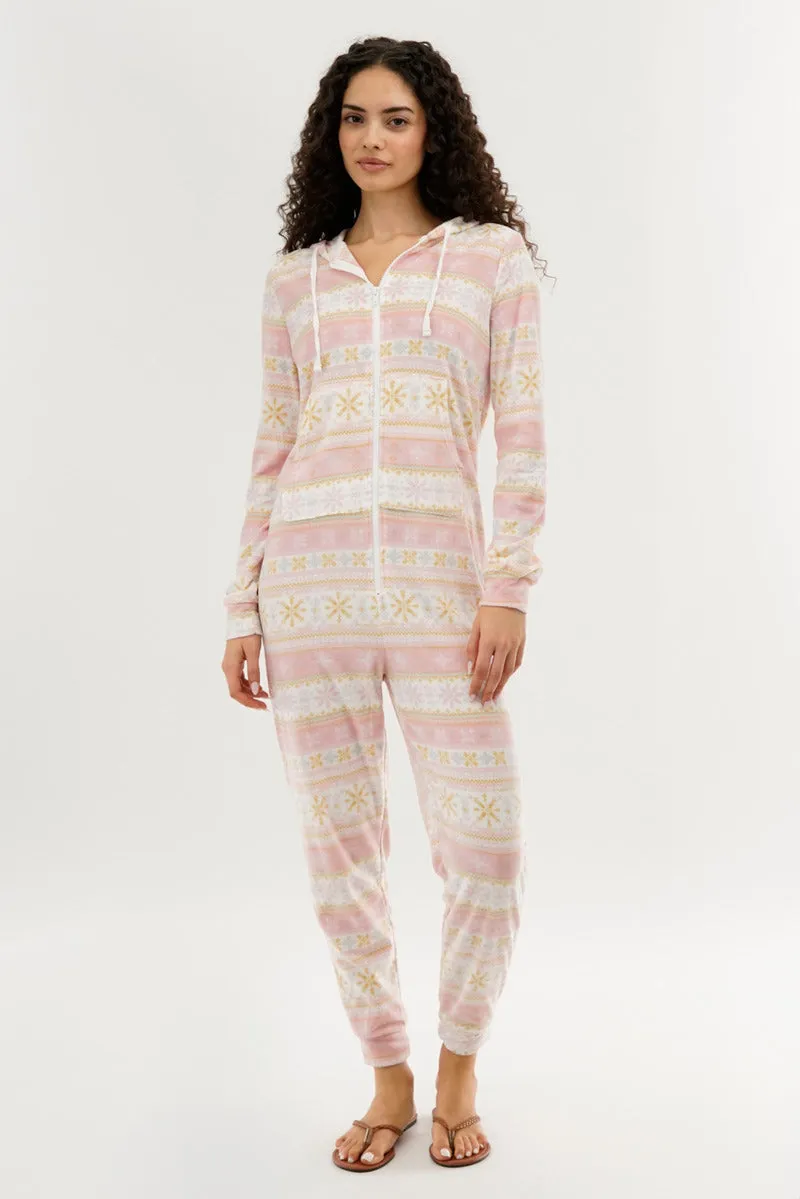 Canada Weather Gear Festive Print Fleece Onesie - Blush sold by Fairweather