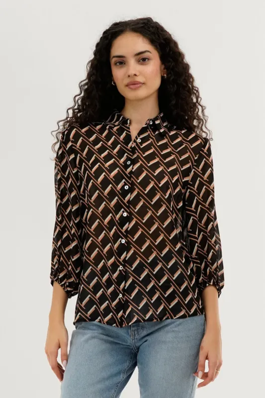 Costa Blanca Patterned Sheer Button Down Blouse - Black sold by Fairweather