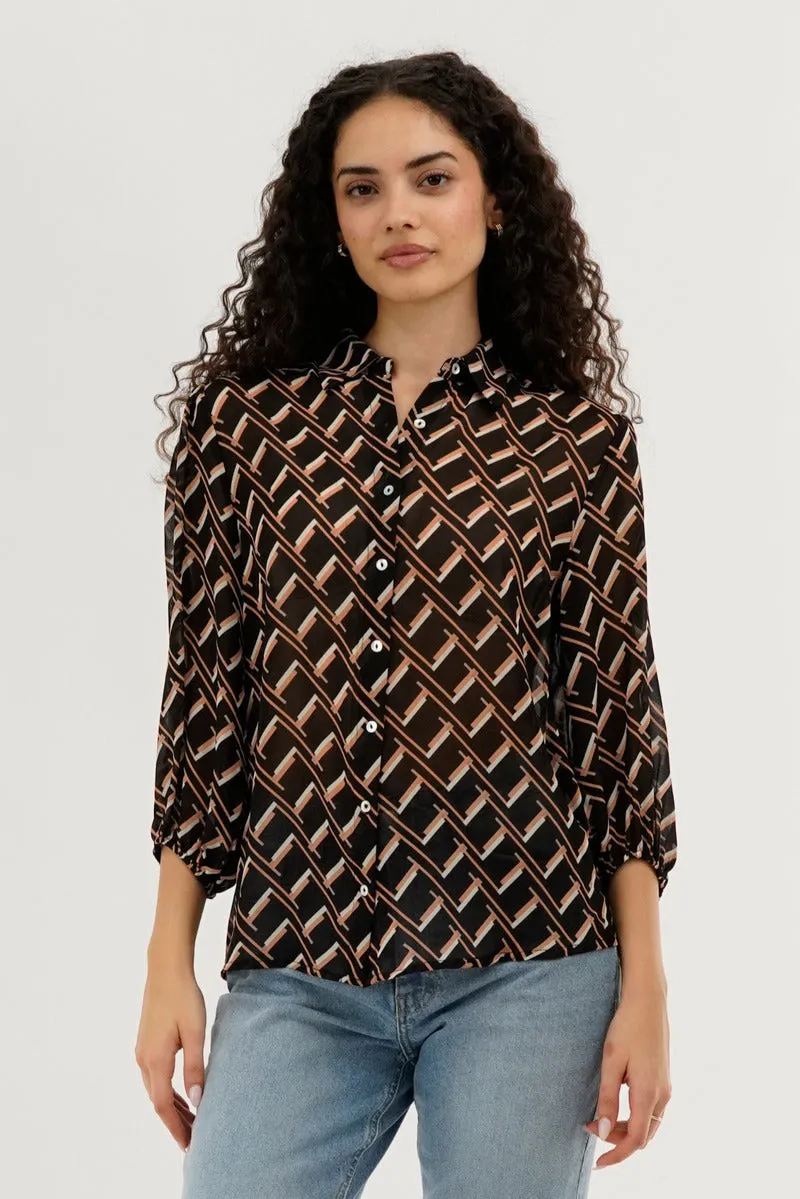 Costa Blanca Patterned Sheer Button Down Blouse - Black sold by Fairweather