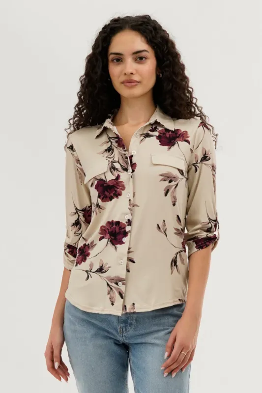 Majora Floral Button Up Blouse - Beige sold by Fairweather