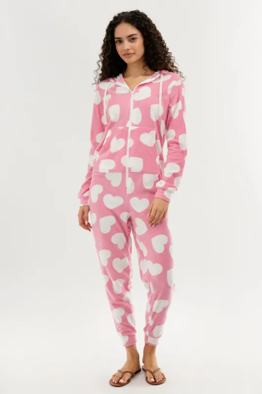 Canada Weather Gear Heart Pattern Fleece Onesie - Pink sold by Fairweather