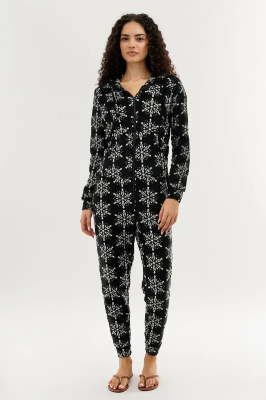 Canada Weather Gear Festive Print Fleece Onesie - Black sold by Fairweather