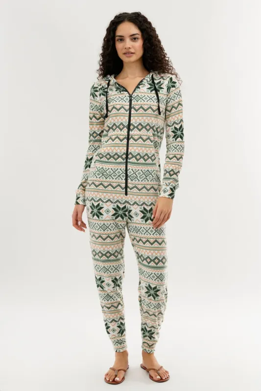 Canada Weather Gear Festive Print Fleece Onesie - White sold by Fairweather