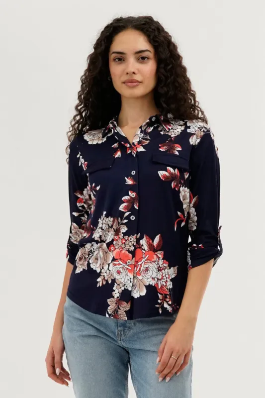 Majora Floral Button Up Blouse - Navy sold by Fairweather