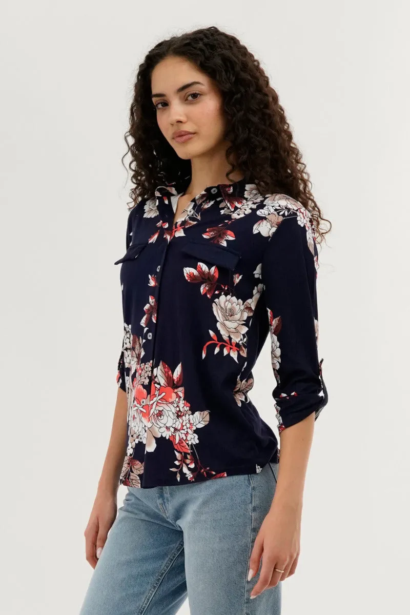 Majora Floral Button Up Blouse - Navy sold by Fairweather product image thumbnail 2
