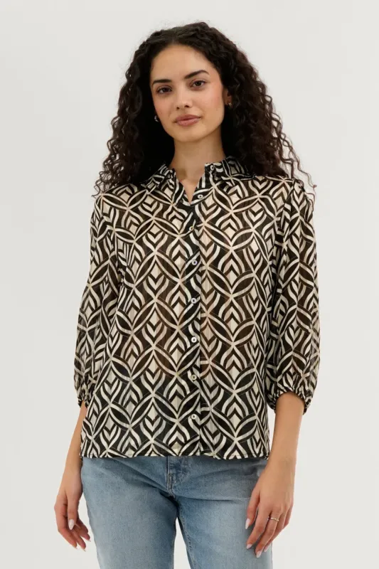 Costa Blanca Patterned Sheer Button Down Blouse - Cream sold by Fairweather