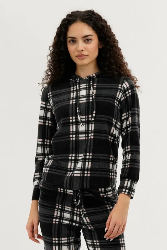 Canada Weather Gear Plaid Hooded Pajama Top - Black sold by Fairweather
