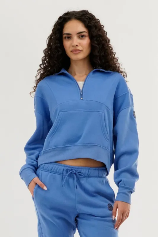 Fahrenheit Half Zip Cropped Sweatshirt - Blue sold by Fairweather