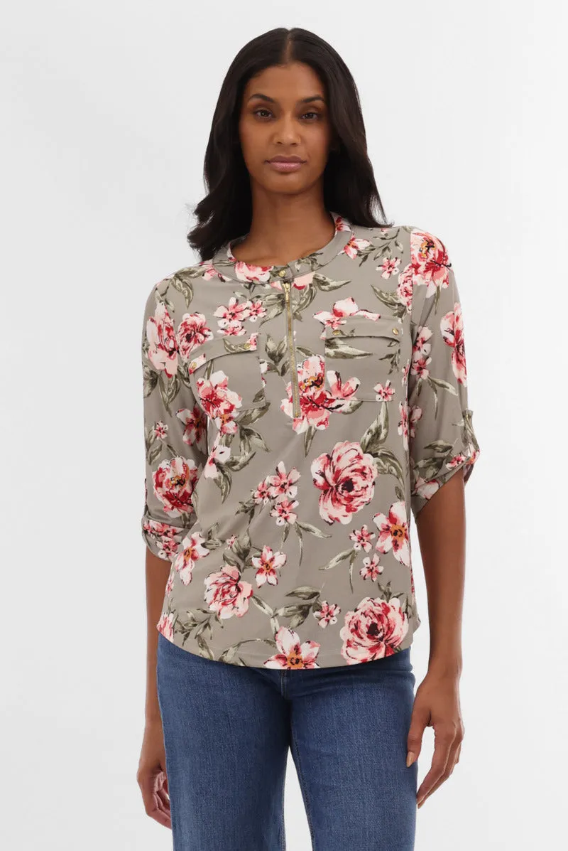 International INC Company Floral Half Zip Blouse - Olive sold by Fairweather