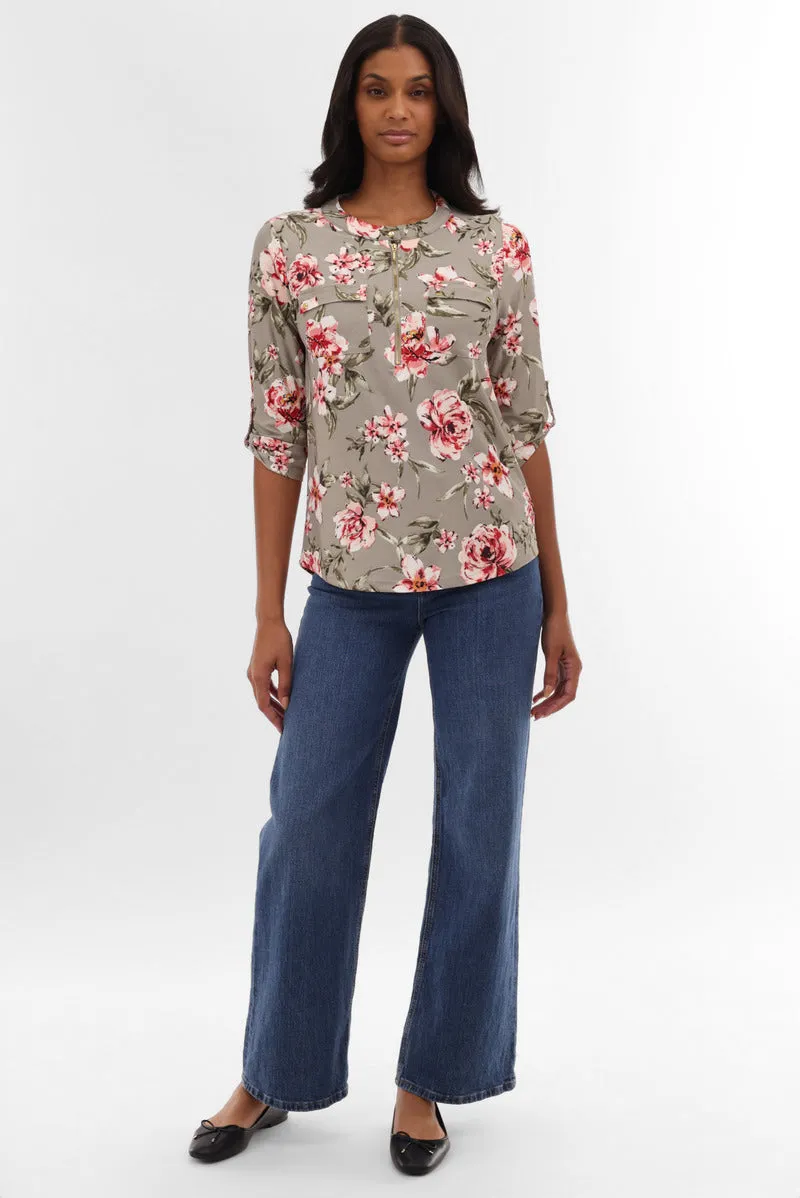 International INC Company Floral Half Zip Blouse - Olive sold by Fairweather product image thumbnail 5