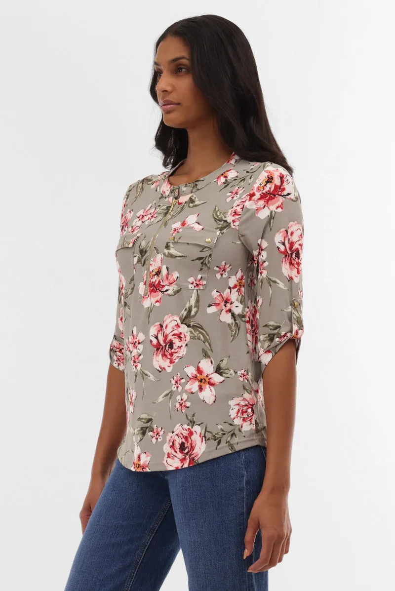 International INC Company Floral Half Zip Blouse - Olive sold by Fairweather product image thumbnail 2