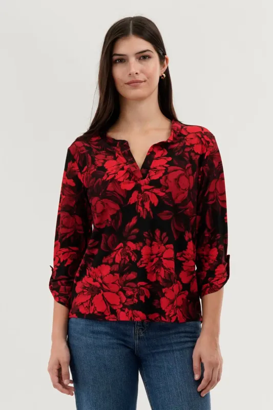 Beechers Brook Floral Split Neck Blouse - Red sold by Fairweather