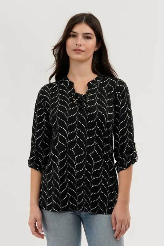 Majora Patterned Lace Up Blouse - Black sold by Fairweather