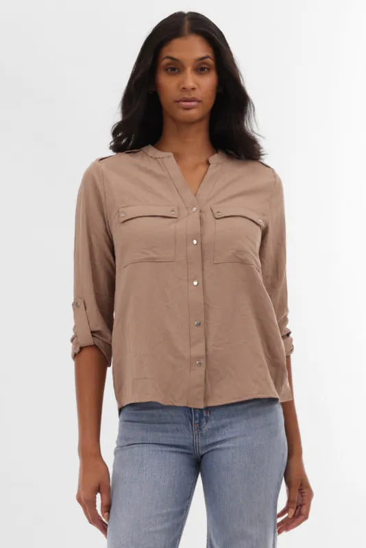 Runaway Bay Roll Up Sleeve Utility Pocket Blouse - Taupe sold by Fairweather