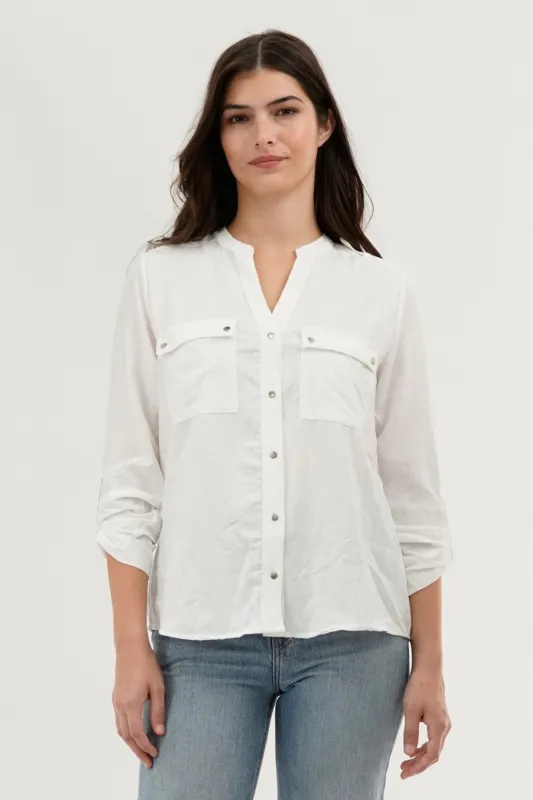 Runaway Bay Roll Up Sleeve Utility Pocket Blouse - White sold by Fairweather