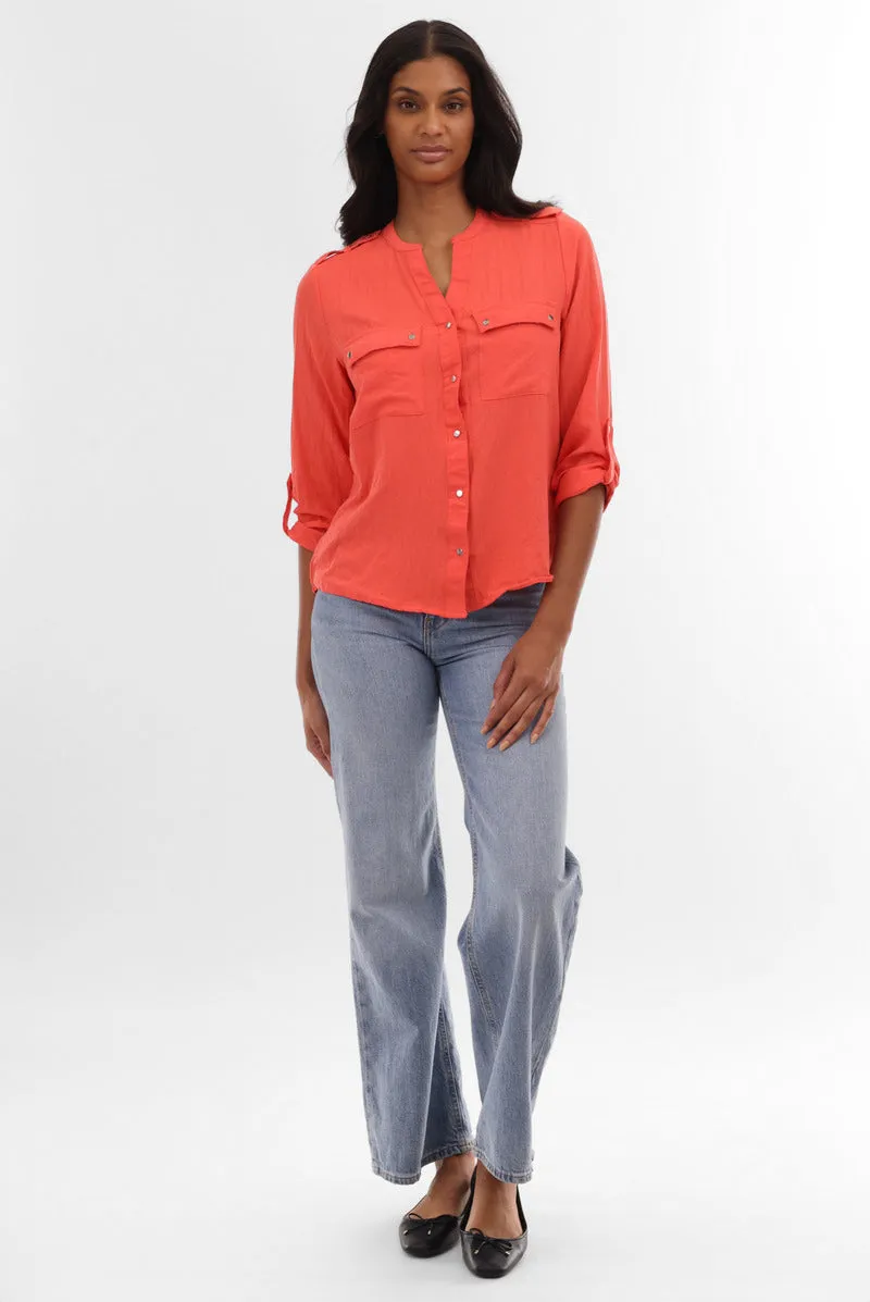 Runaway Bay Roll Up Sleeve Utility Pocket Blouse - Coral sold by Fairweather product image thumbnail 5