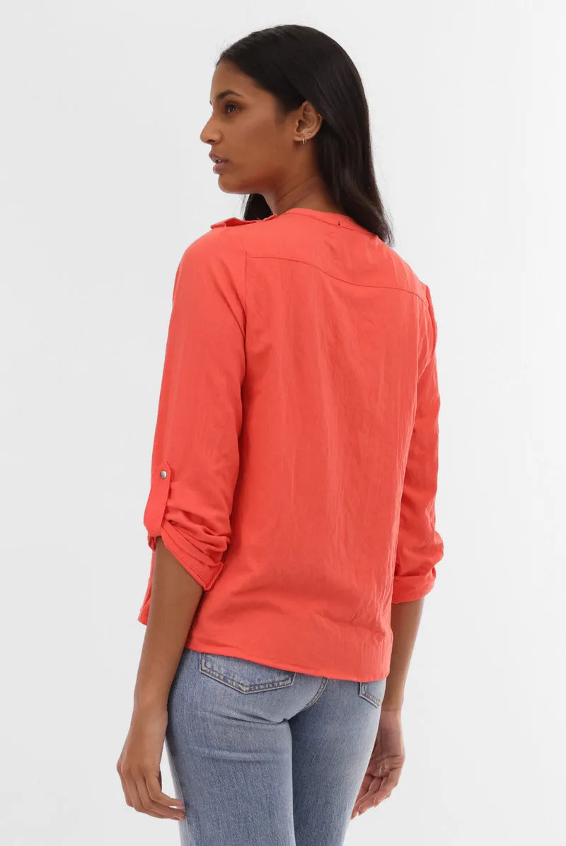 Runaway Bay Roll Up Sleeve Utility Pocket Blouse - Coral sold by Fairweather product image thumbnail 3