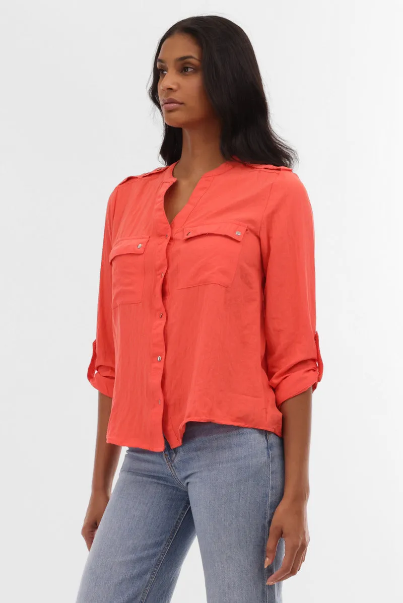 Runaway Bay Roll Up Sleeve Utility Pocket Blouse - Coral sold by Fairweather product image thumbnail 2