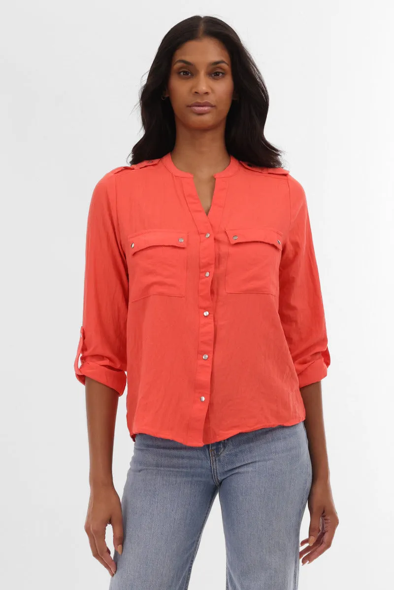 Runaway Bay Roll Up Sleeve Utility Pocket Blouse - Coral sold by Fairweather