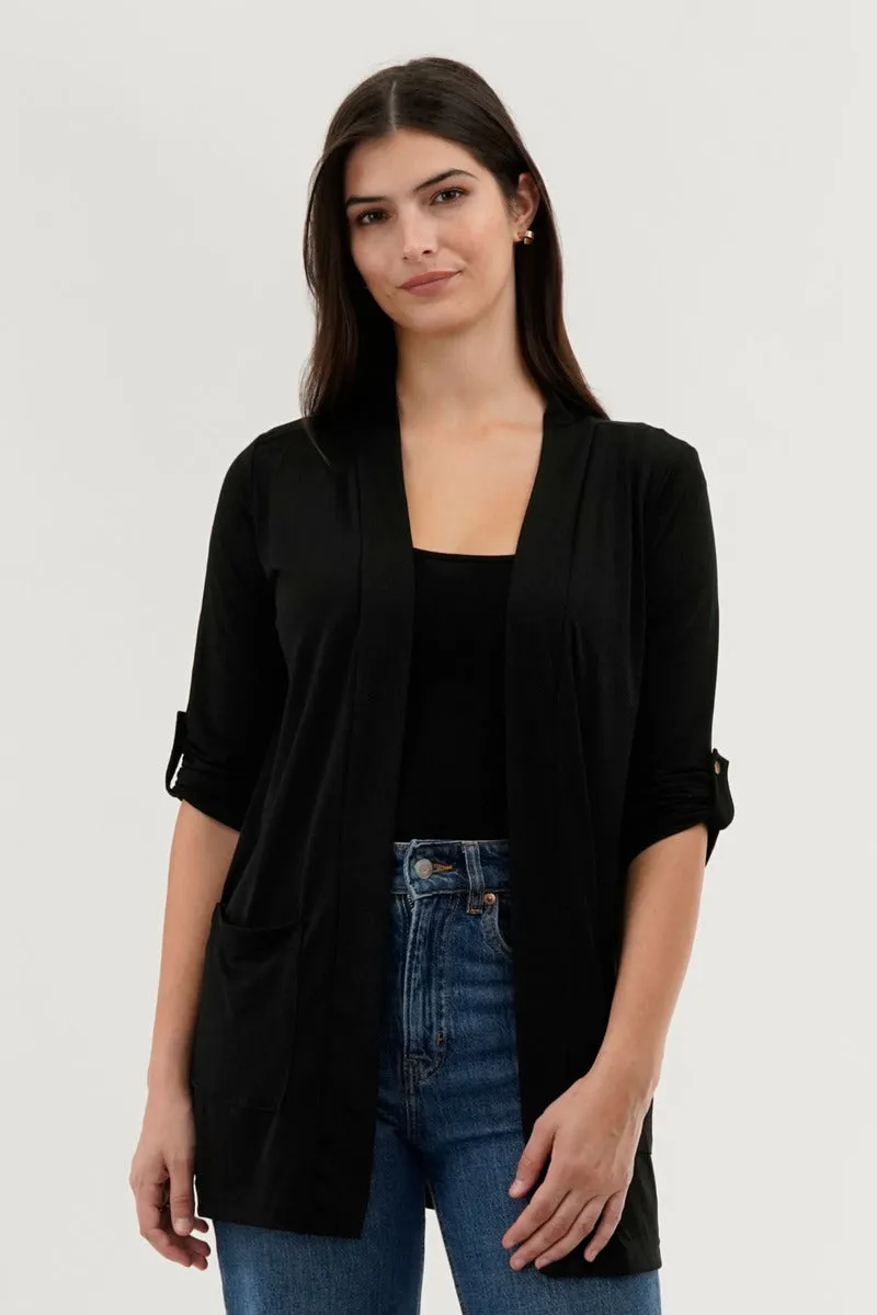 International INC Company Roll Up Sleeve Wrap Cardigan - Black sold by Fairweather