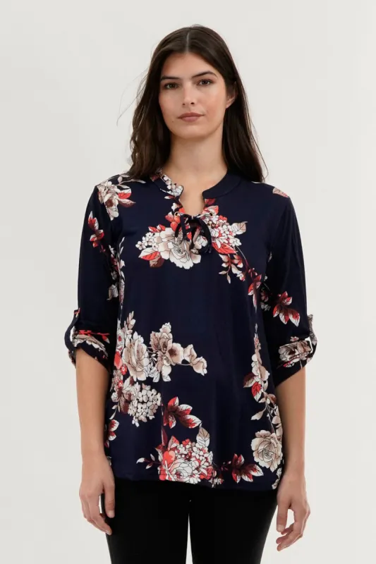 Majora Floral Lace Up Blouse - Navy sold by Fairweather