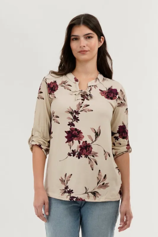 Majora Floral Lace Up Blouse - Beige sold by Fairweather