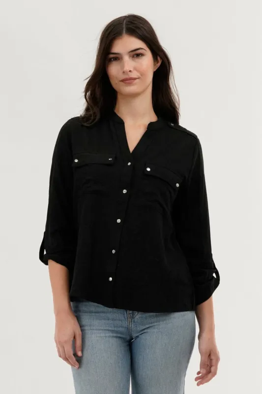 Runaway Bay Roll Up Sleeve Utility Pocket Blouse - Black sold by Fairweather