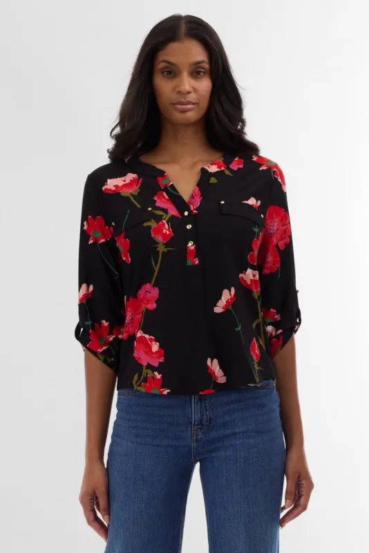 International INC Company Floral Roll Up Sleeve Blouse - Black sold by Fairweather