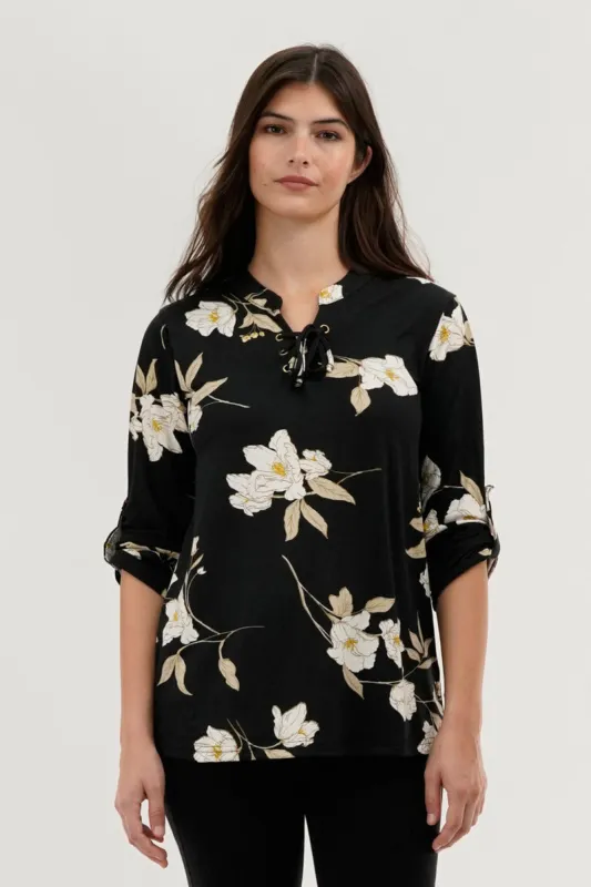 Majora Floral Lace Up Blouse - Black sold by Fairweather