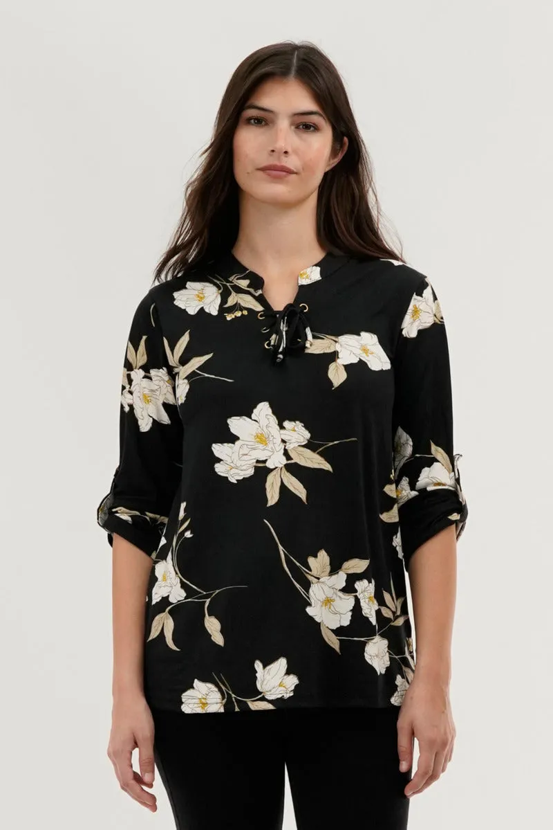 Majora Floral Lace Up Blouse - Black sold by Fairweather