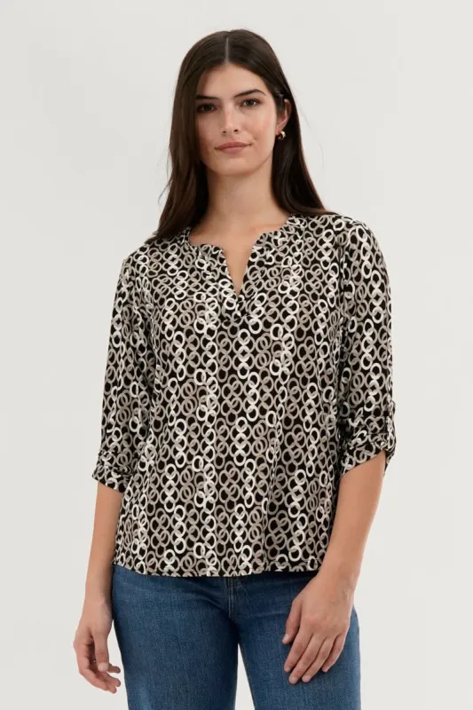 Beechers Brook Patterned Split Neck Blouse - Black sold by Fairweather