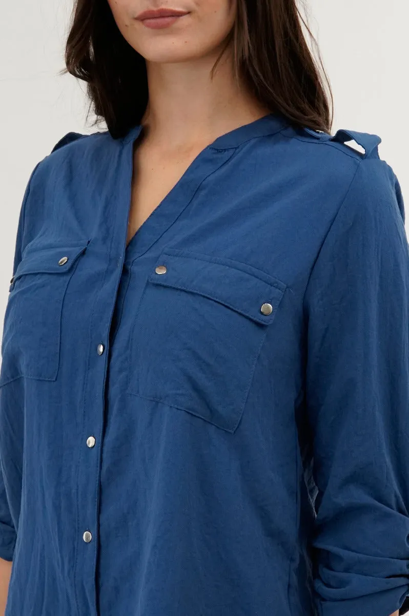 Runaway Bay Roll Up Sleeve Utility Pocket Blouse - Navy sold by Fairweather product image thumbnail 4
