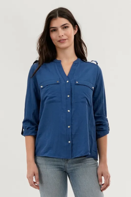 Runaway Bay Roll Up Sleeve Utility Pocket Blouse - Navy sold by Fairweather