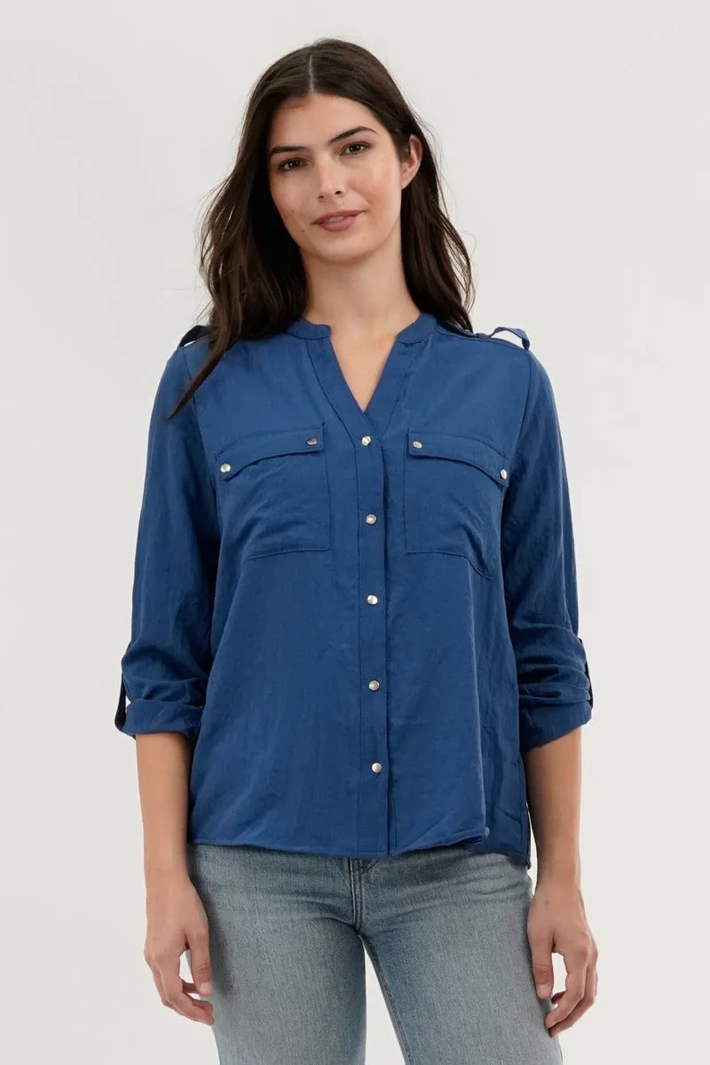 Runaway Bay Roll Up Sleeve Utility Pocket Blouse - Navy sold by Fairweather