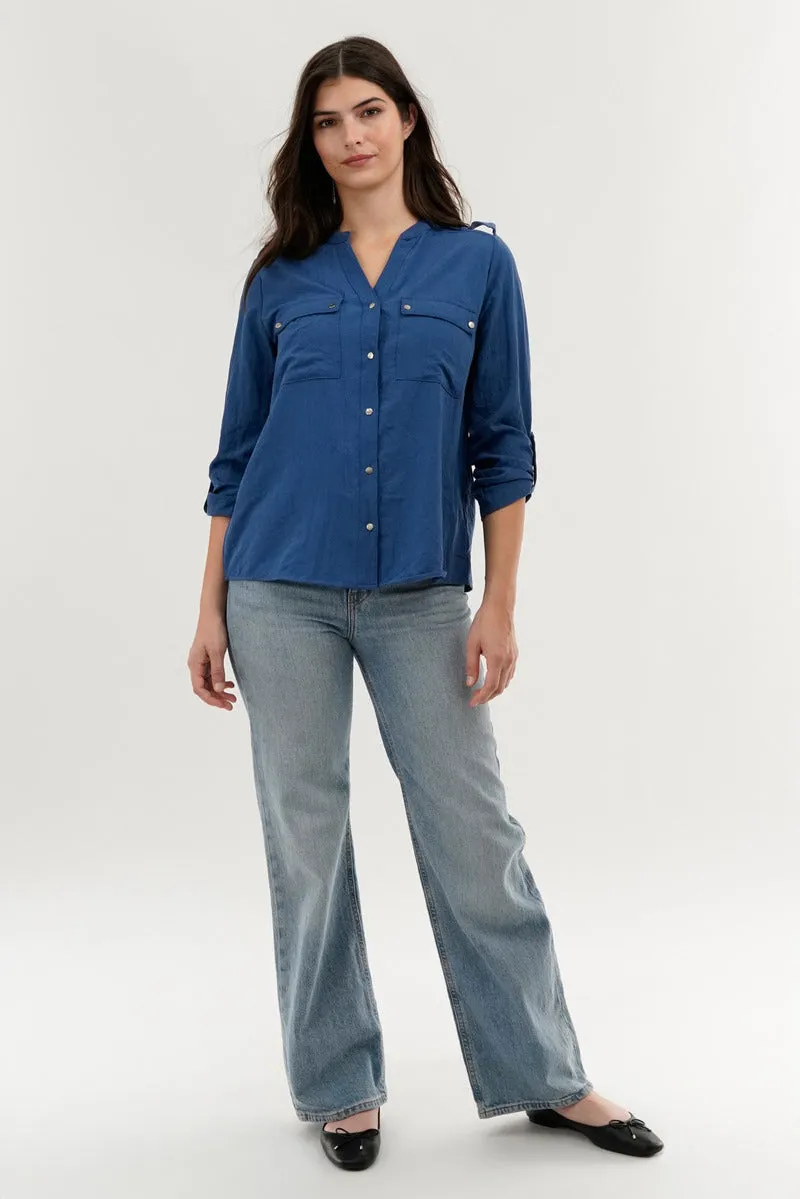 Runaway Bay Roll Up Sleeve Utility Pocket Blouse - Navy sold by Fairweather product image thumbnail 5