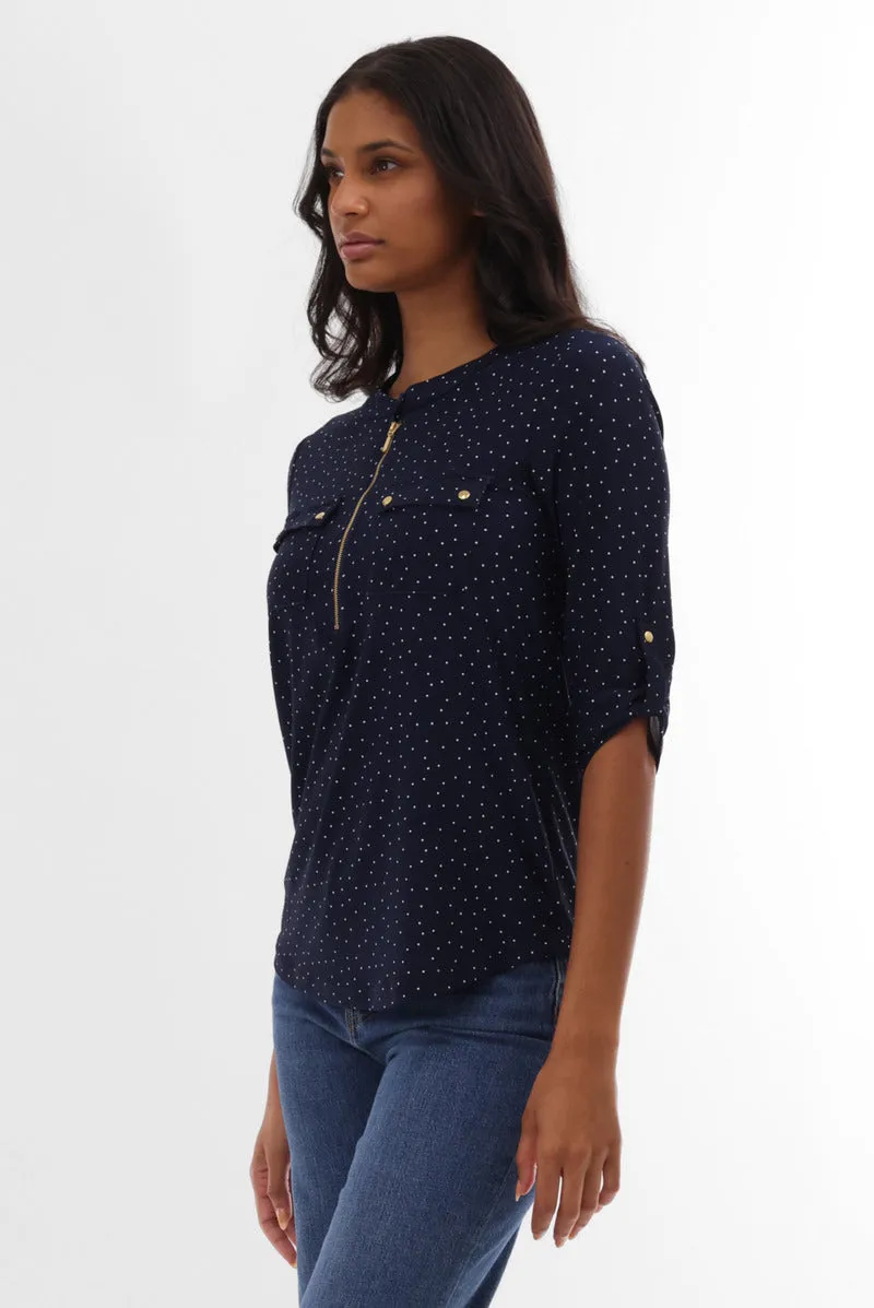 International INC Company Polka Dot Half Zip Blouse - Navy sold by Fairweather product image thumbnail 2
