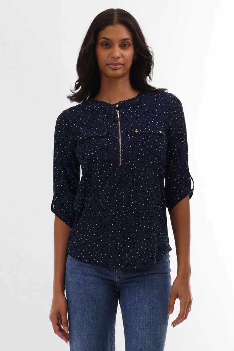 International INC Company Polka Dot Half Zip Blouse - Navy sold by Fairweather