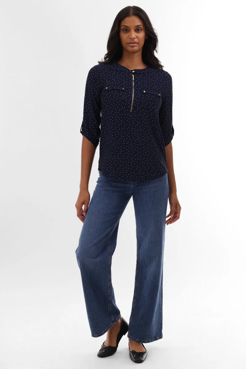 International INC Company Polka Dot Half Zip Blouse - Navy sold by Fairweather product image thumbnail 5