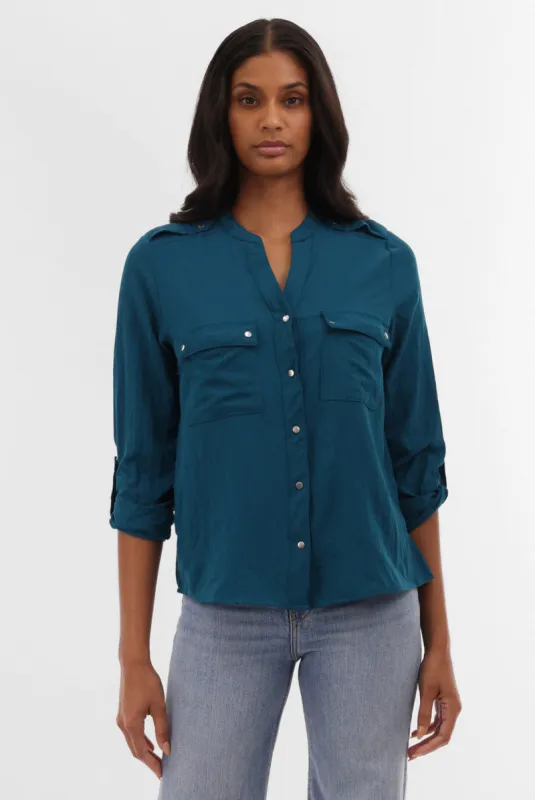 Runaway Bay Roll Up Sleeve Utility Pocket Blouse - Teal sold by Fairweather