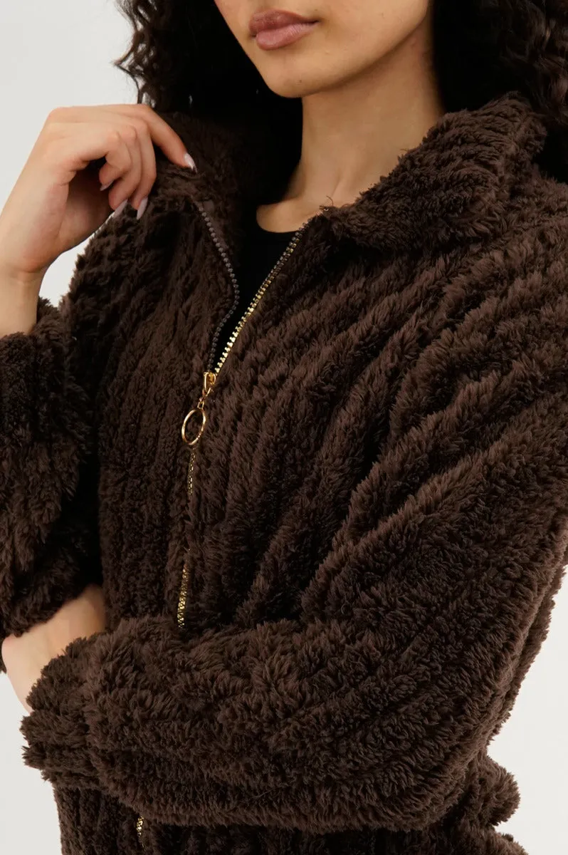 Fahrenheit Plush Zip Up Teddy Lightweight Jacket - Brown sold by Fairweather product image thumbnail 4