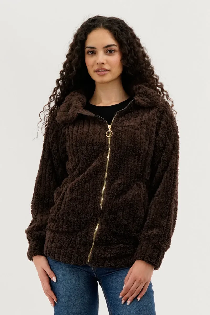 Fahrenheit Plush Zip Up Teddy Lightweight Jacket - Brown sold by Fairweather