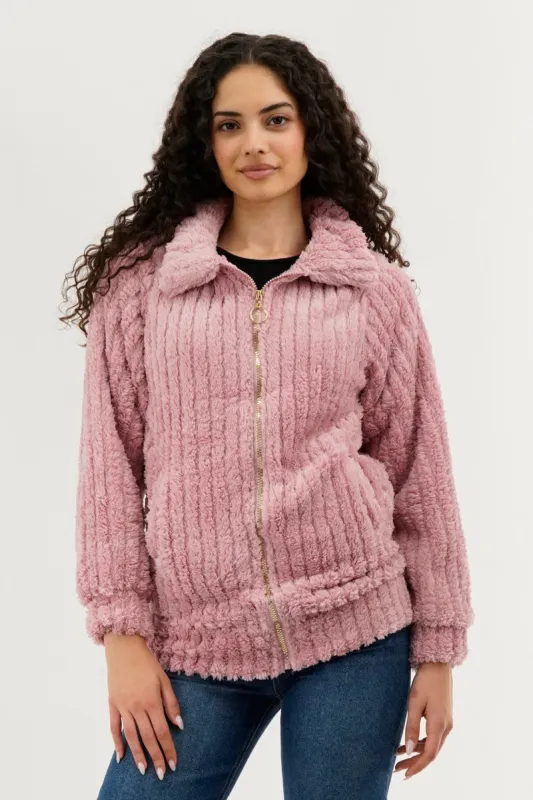 Fahrenheit Plush Zip Up Teddy Lightweight Jacket - Pink sold by Fairweather