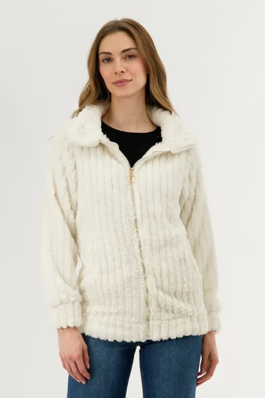 Fahrenheit Plush Zip Up Teddy Lightweight Jacket - White sold by Fairweather