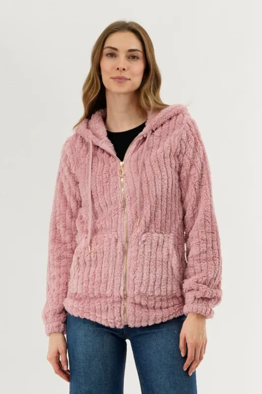Fahrenheit Plush Hooded Zip Up Lightweight Jacket - Pink sold by Fairweather