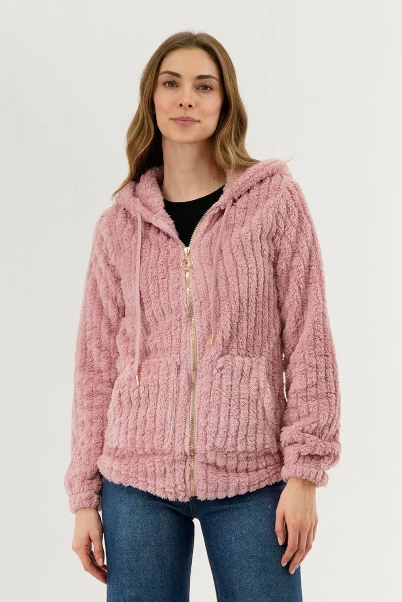 Fahrenheit Plush Hooded Zip Up Lightweight Jacket - Pink sold by Fairweather